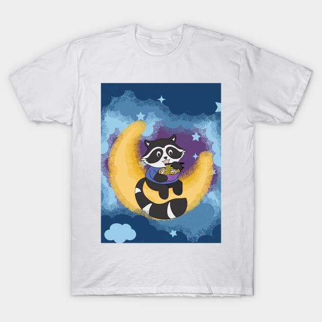 Raccoon eating noodle on the Moon illustration T-Shirt by LaartStudio